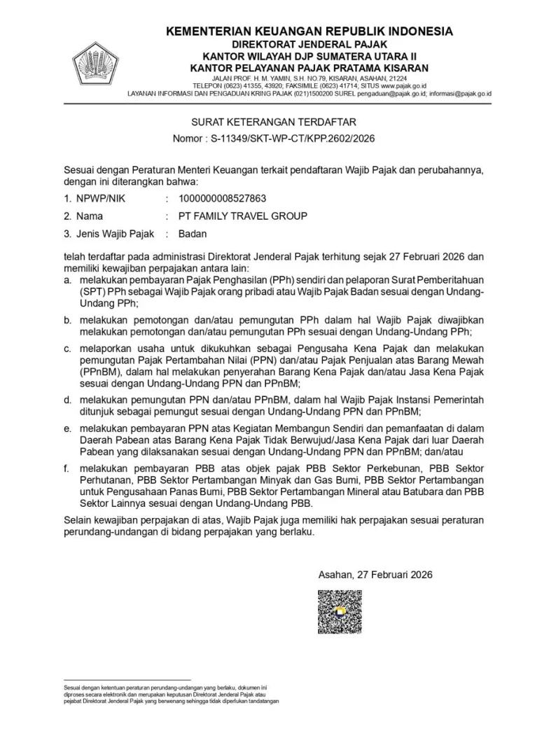 SURAT KETERANGAN TERDAFTAR PAJAK PT.FAMILY TRAVEL GROUP
