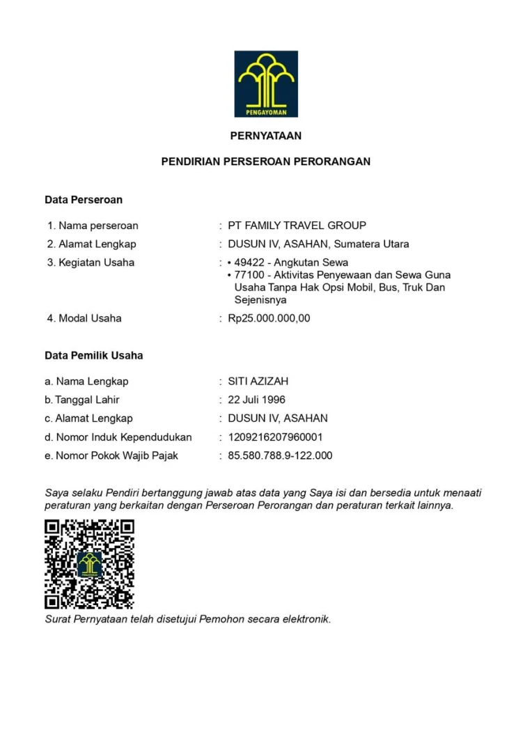 surat pernyataan PT.FAMILY TRAVEL GROUP